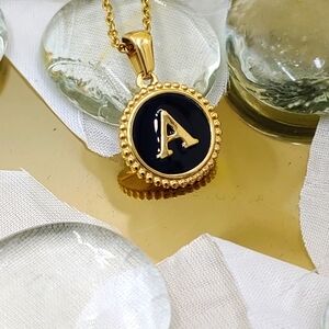 Dainty Initial Letter Charm, A, 18K GP Noir Textured Circle Pendant Necklace